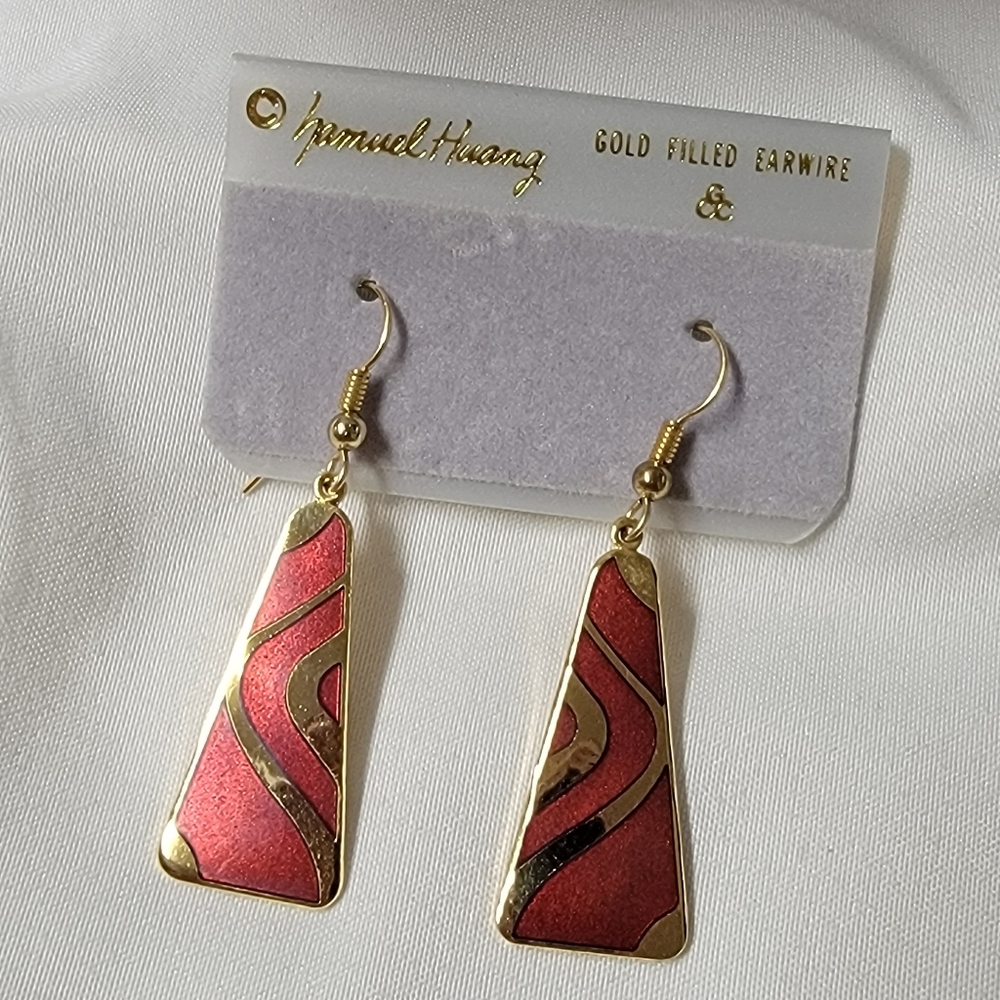 NEW Vintage Samuel Huang Cloisonne Drop Earrings Gold Filled
